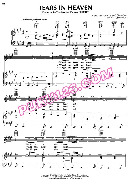 天天钢琴网-免费下载Eric Clapton《泪洒天堂 Tears in Heaven》原版弹唱钢琴谱