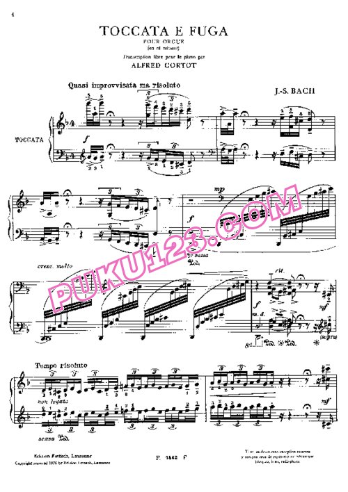 天天钢琴网-免费下载Bach - Cortot - Toccata and Fugue in d Minor BWV 565 柯尔托改编钢琴独奏版