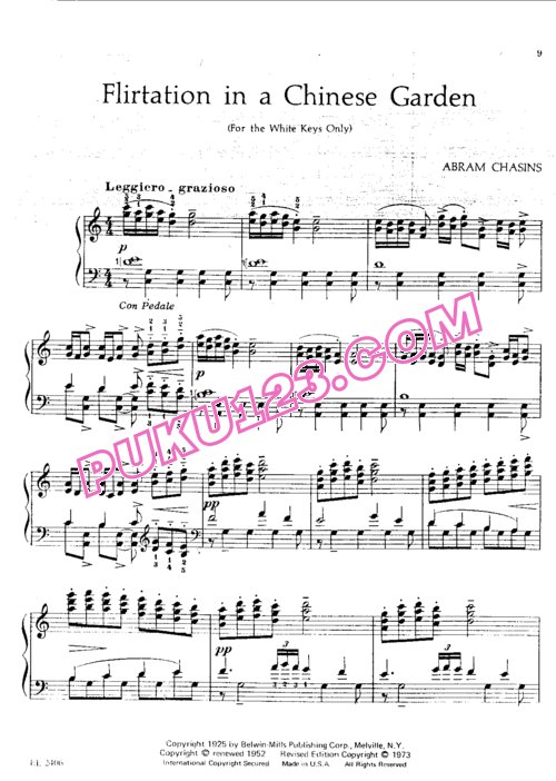 天天钢琴网-免费下载Chasins - Three Chinese Pieces No.2, Flirtation in a Chinese Garden