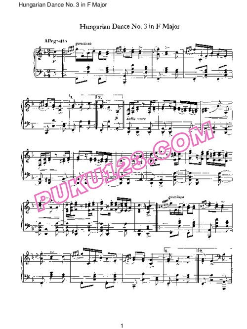 天天钢琴网-免费下载Brahms - Hungarian Dance for solo piano No 3 in F Major