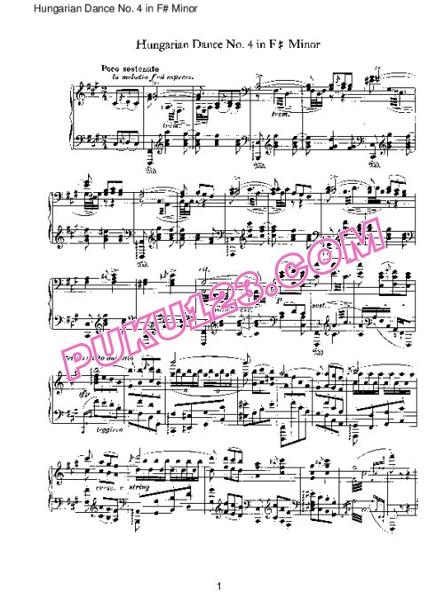 天天钢琴网-免费下载Brahms - Hungarian Dance for solo piano No 4 in F# Minor