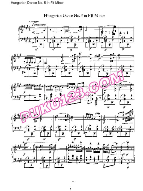 天天钢琴网-免费下载Brahms - Hungarian Dance for solo piano No 5 in F# Minor