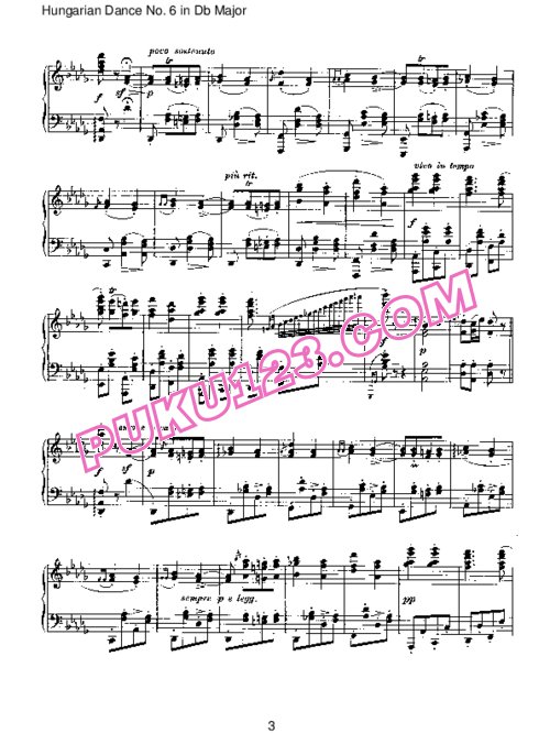 天天钢琴网-免费下载Brahms - Hungarian Dance for solo piano No 6 in Db Major