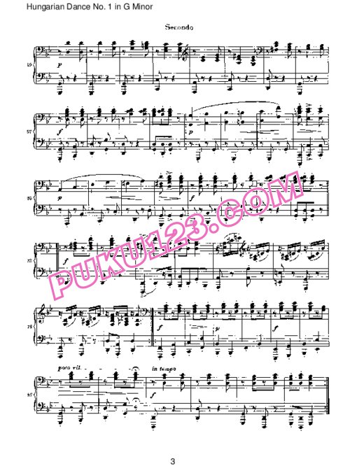 天天钢琴网-免费下载Brahms - Hungarian Dance for four hands No 1 in G Minor