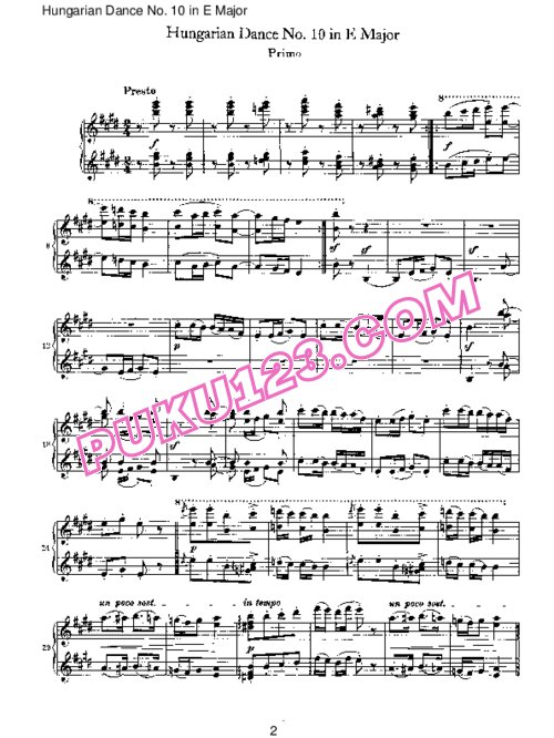 天天钢琴网-免费下载Brahms - Hungarian Dance for four hands No 10 in E Major