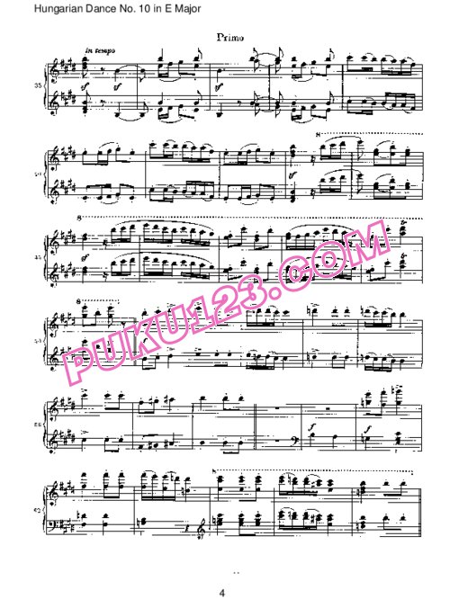 天天钢琴网-免费下载Brahms - Hungarian Dance for four hands No 10 in E Major
