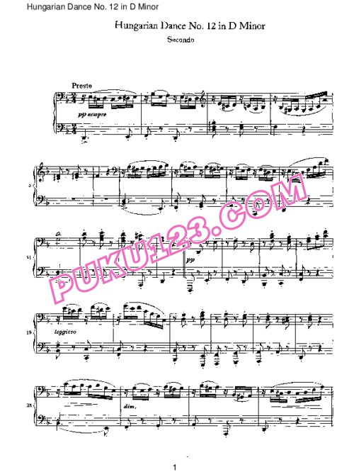 天天钢琴网-免费下载Brahms - Hungarian Dance for four hands No 12 in D Minor