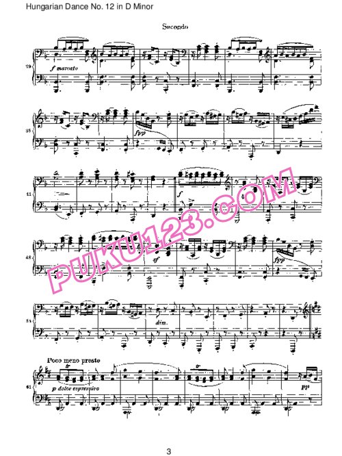 天天钢琴网-免费下载Brahms - Hungarian Dance for four hands No 12 in D Minor