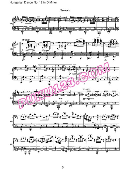 天天钢琴网-免费下载Brahms - Hungarian Dance for four hands No 12 in D Minor
