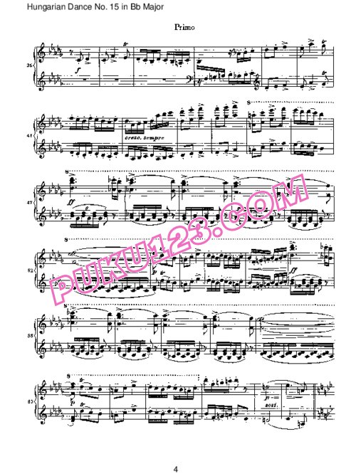 天天钢琴网-免费下载Brahms - Hungarian Dance for four hands No 15 in Bb Major
