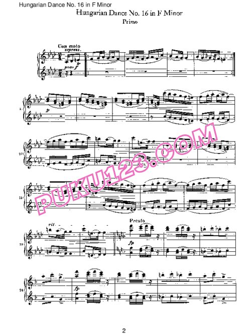 天天钢琴网-免费下载Brahms - Hungarian Dance for four hands No 16 in F Minor