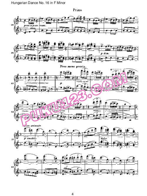 天天钢琴网-免费下载Brahms - Hungarian Dance for four hands No 16 in F Minor