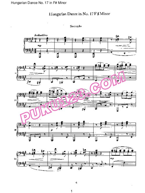 天天钢琴网-免费下载Brahms - Hungarian Dance for four hands No 17 in F# Minor
