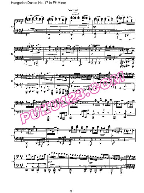 天天钢琴网-免费下载Brahms - Hungarian Dance for four hands No 17 in F# Minor