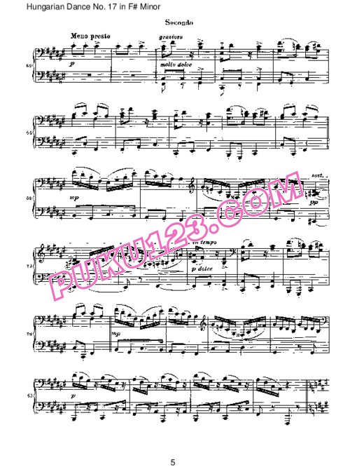天天钢琴网-免费下载Brahms - Hungarian Dance for four hands No 17 in F# Minor