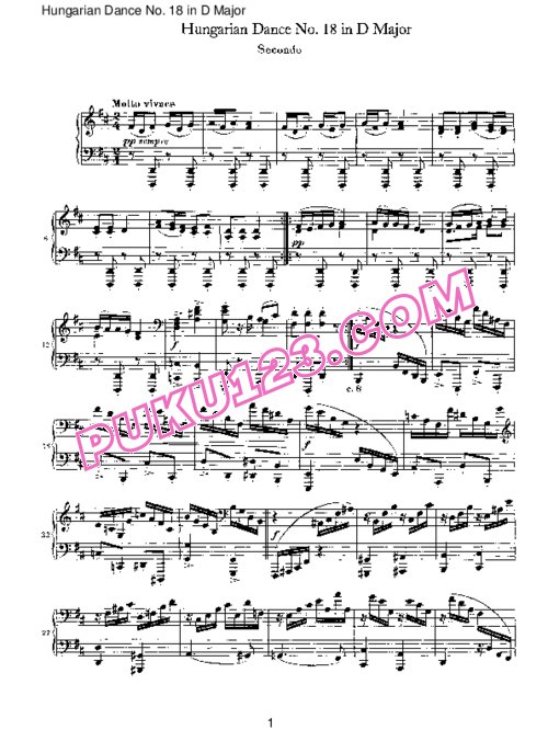 天天钢琴网-免费下载Brahms - Hungarian Dance for four hands No 18 in D Major