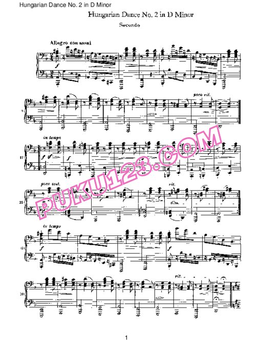 天天钢琴网-免费下载Brahms - Hungarian Dance for four hands No 2 in D Minor