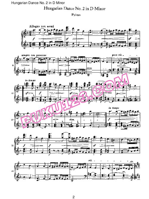 天天钢琴网-免费下载Brahms - Hungarian Dance for four hands No 2 in D Minor