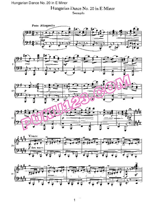 天天钢琴网-免费下载Brahms - Hungarian Dance for four hands No 20 in E Minor