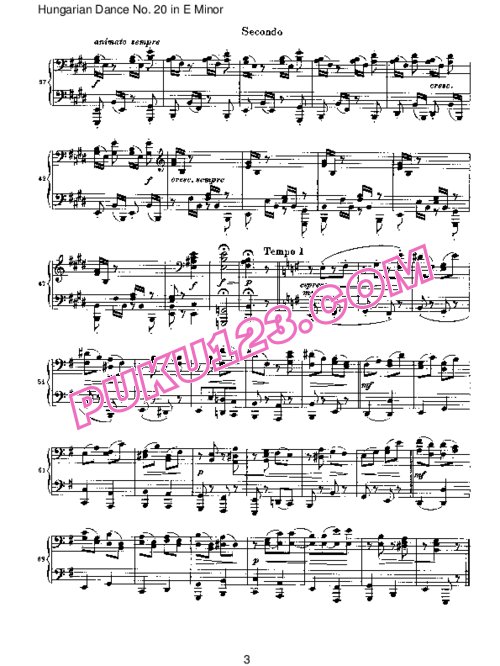 天天钢琴网-免费下载Brahms - Hungarian Dance for four hands No 20 in E Minor