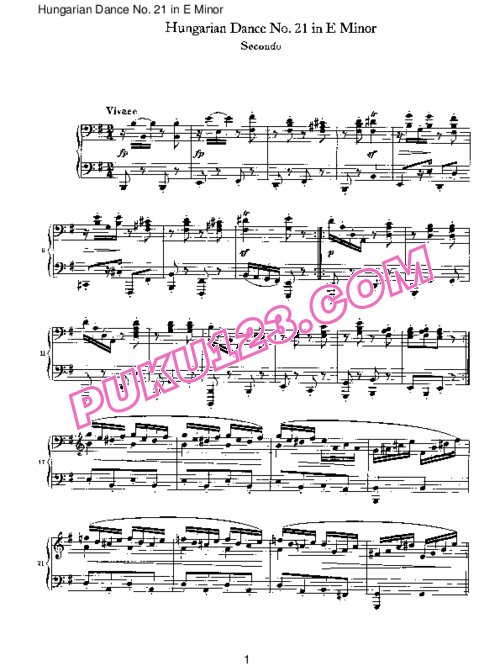天天钢琴网-免费下载Brahms - Hungarian Dance for four hands No 21 in E Minor
