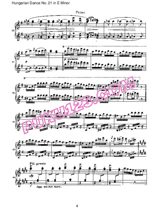 天天钢琴网-免费下载Brahms - Hungarian Dance for four hands No 21 in E Minor