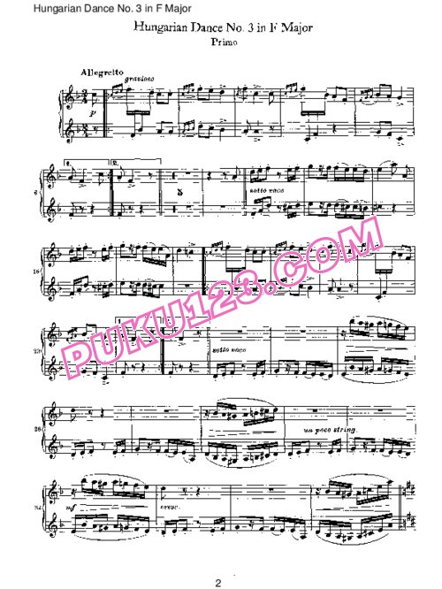 天天钢琴网-免费下载Brahms - Hungarian Dance for four hands No 3 in F Major