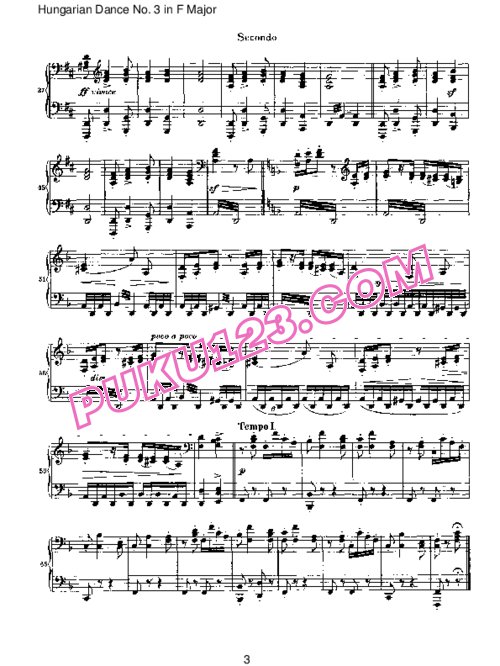 天天钢琴网-免费下载Brahms - Hungarian Dance for four hands No 3 in F Major