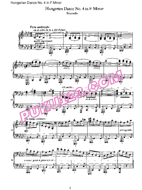 天天钢琴网-免费下载Brahms - Hungarian Dance for four hands No 4 in F Minor