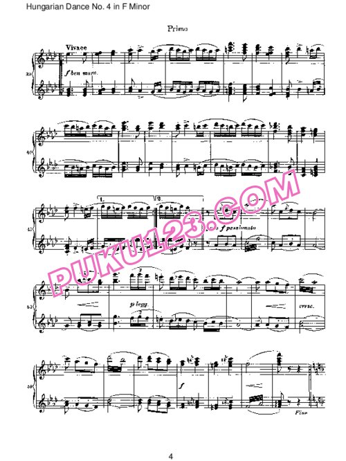 天天钢琴网-免费下载Brahms - Hungarian Dance for four hands No 4 in F Minor