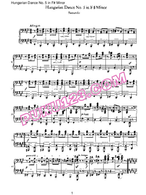 天天钢琴网-免费下载Brahms - Hungarian Dance for four hands No 5 in F# Minor