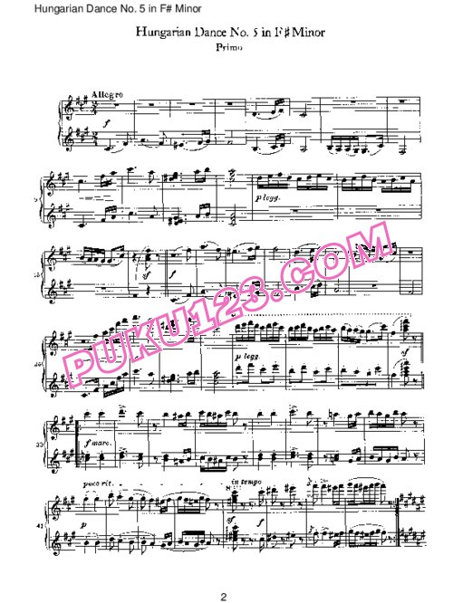 天天钢琴网-免费下载Brahms - Hungarian Dance for four hands No 5 in F# Minor