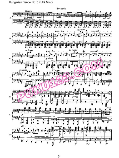 天天钢琴网-免费下载Brahms - Hungarian Dance for four hands No 5 in F# Minor