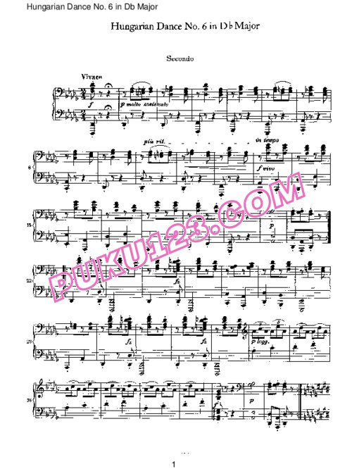 天天钢琴网-免费下载Brahms - Hungarian Dance for four hands No 6 in Db Major