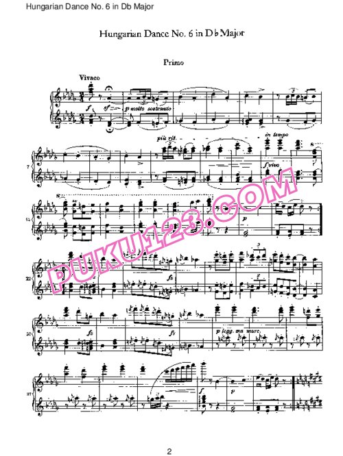 天天钢琴网-免费下载Brahms - Hungarian Dance for four hands No 6 in Db Major