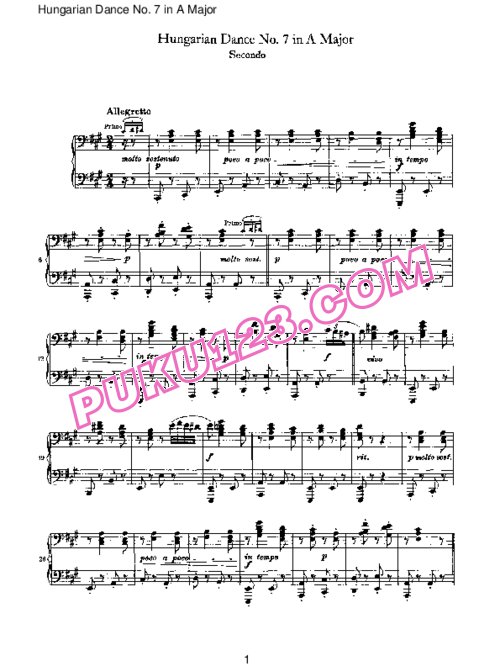 天天钢琴网-免费下载Brahms - Hungarian Dance for four hands No 7 in A Major