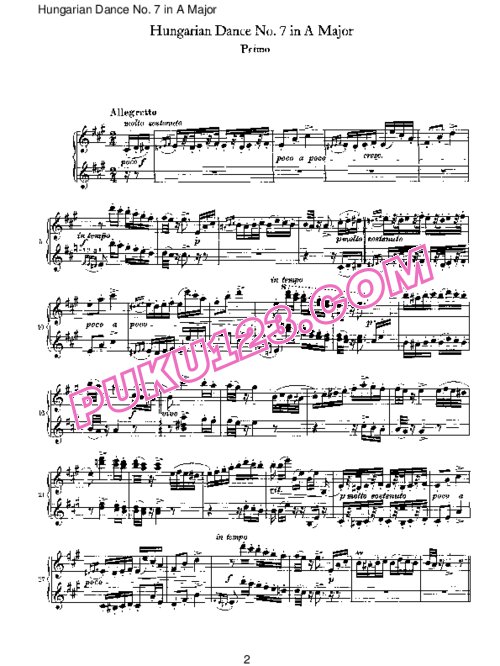 天天钢琴网-免费下载Brahms - Hungarian Dance for four hands No 7 in A Major