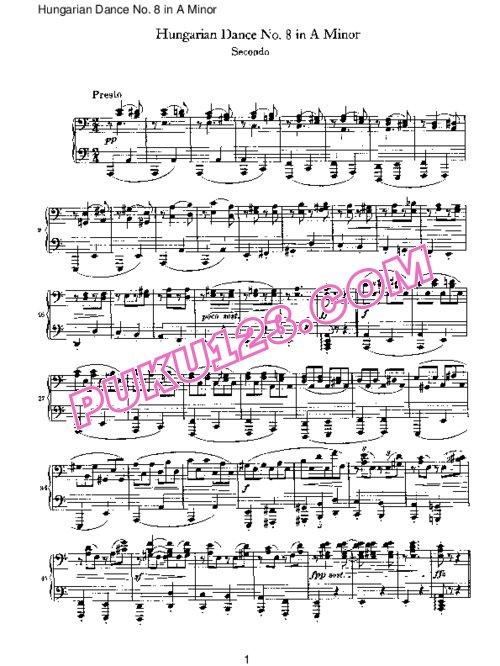 天天钢琴网-免费下载Brahms - Hungarian Dance for four hands No 8 in A Minor