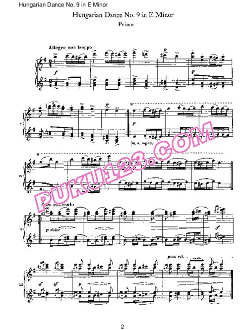 天天钢琴网-免费下载Brahms - Hungarian Dance for four hands No 9 in E Minor