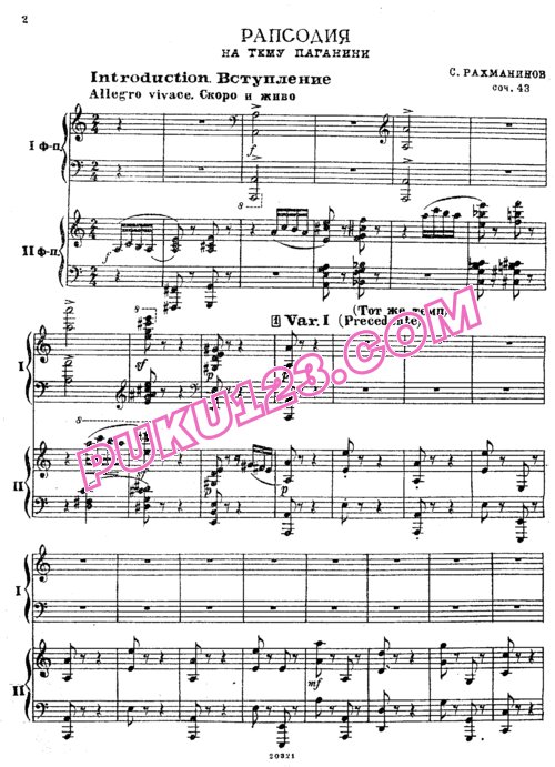 天天钢琴网-免费下载Rachmaninoff - Rhapsody On A Theme Of Paganini Op.43 双钢琴版
