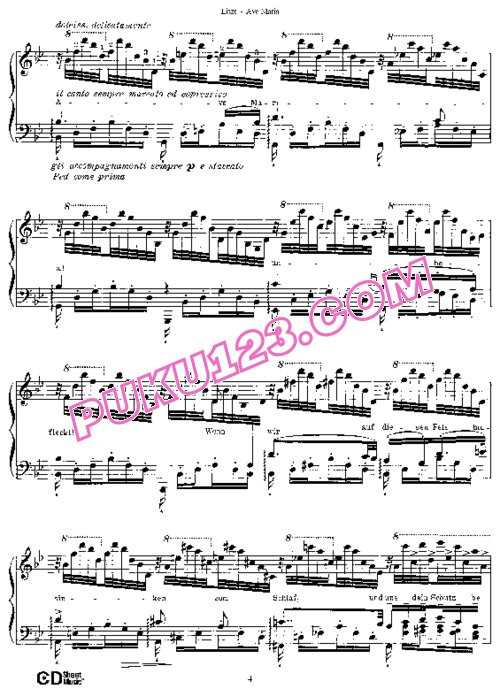 天天钢琴网-免费下载Liszt - Transcription - Schubert - Song 12 - Song Ave Maria 李斯特改编钢琴独奏版