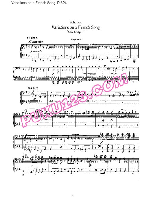 天天钢琴网-免费下载Schubert - Variations on a French Song D.624 四手联弹