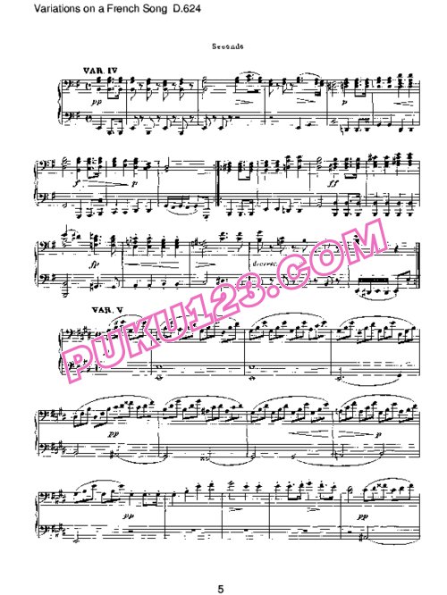 天天钢琴网-免费下载Schubert - Variations on a French Song D.624 四手联弹