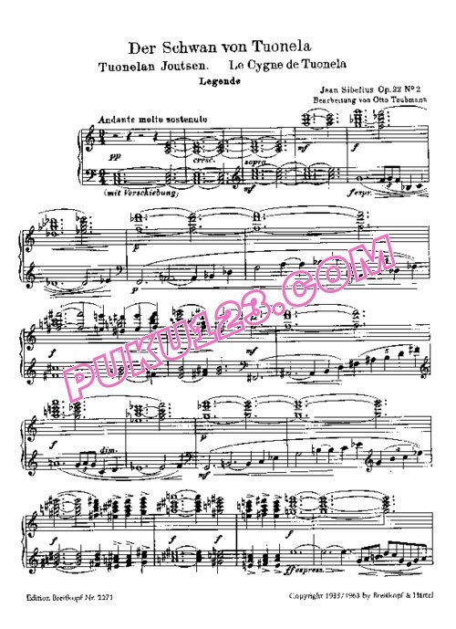 天天钢琴网-免费下载Sibelius - Taubmann - The Swan of Tuonela from Lemminkainen Suite Op.22-2 - Solo Piano