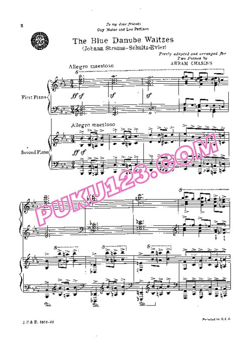 天天钢琴网-免费下载Strauss J. - Chasins - The Blue Danube Waltzer - 2 Pianos 蔡辛斯改编双钢琴版