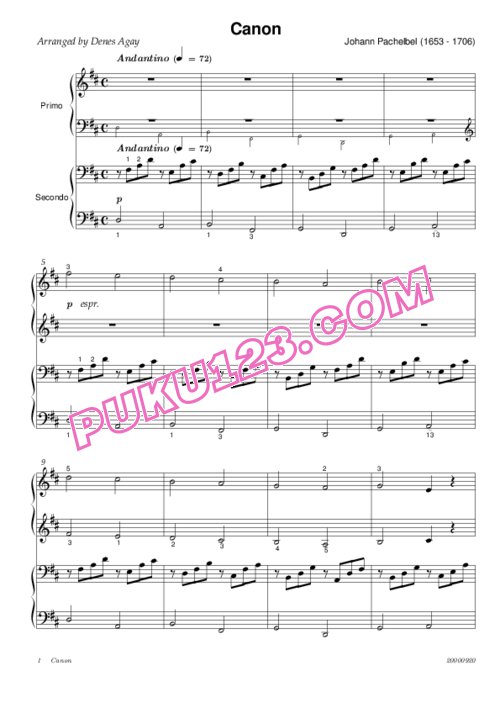天天钢琴网-免费下载Pachelbel - Canon in D Major - 4 Hands 四手联弹版
