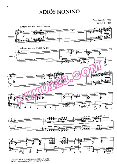 天天钢琴网-免费下载Piazzolla - Adios Nonino - 2 Pianos 山本京子改编双钢琴版