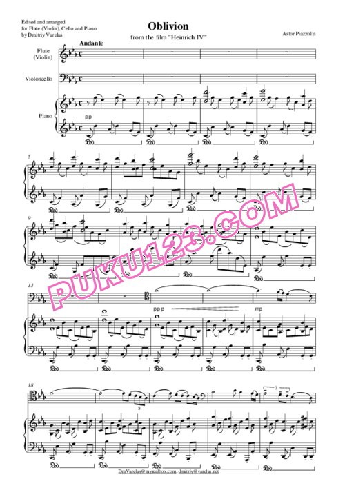 天天钢琴网-免费下载Piazzolla - Oblivion for Viiolin, Cello & piano 钢琴三重奏版