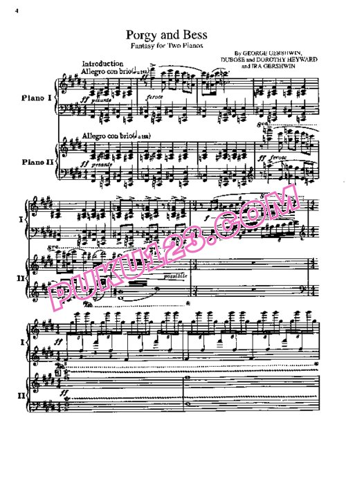 天天钢琴网-免费下载Gershwin - Grainger - Porgy and Bess, Fantasy for 2 Pianos 葛仁杰改编双钢琴版