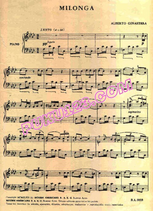 天天钢琴网-免费下载Ginastera - Milonga from Canción del Arbol Olvido Op.3-2 钢琴独奏版